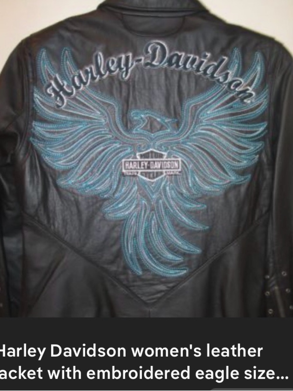 Harley-Davidson Black Leather Riding Jacket with Teal Embroidered Eagle